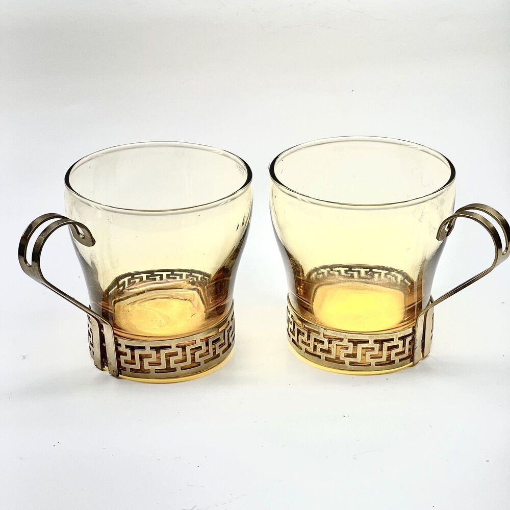Set of 2 Amber Libbey Glass Greek Key Continental Irish Coffee Tiki Cups MCM